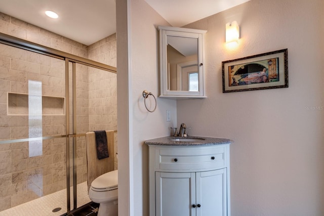 bathroom featuring vanity, toilet, and a shower with shower door