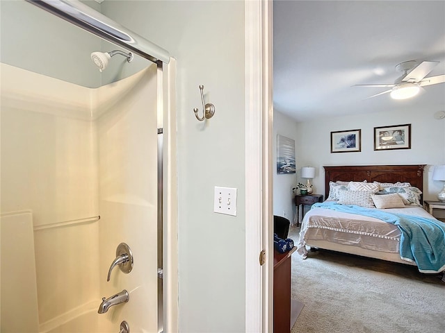 bedroom with ceiling fan and carpet floors