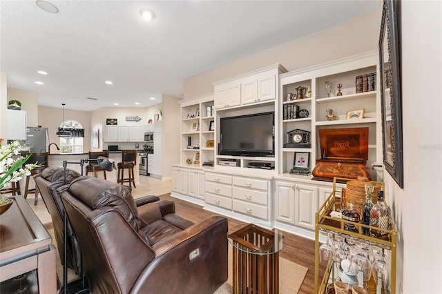 living room featuring a textured ceiling and light hardwood / wood-style flooring