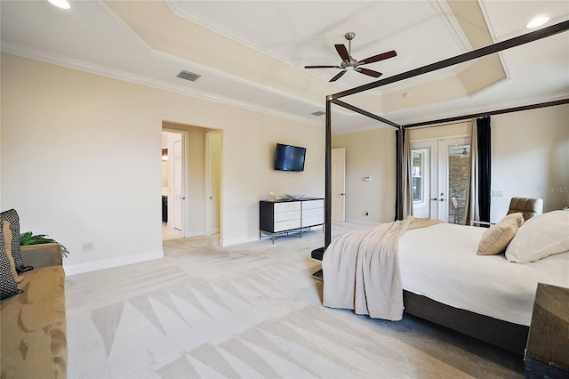 bedroom with access to exterior, light colored carpet, a raised ceiling, ceiling fan, and crown molding