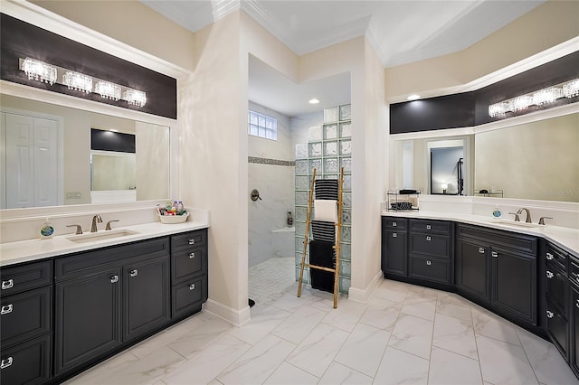 bathroom featuring vanity and a tile shower