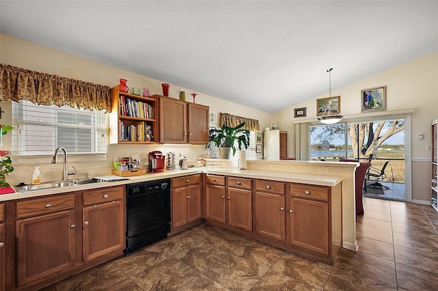 kitchen featuring brown cabinets, dishwasher, a peninsula, and a sink