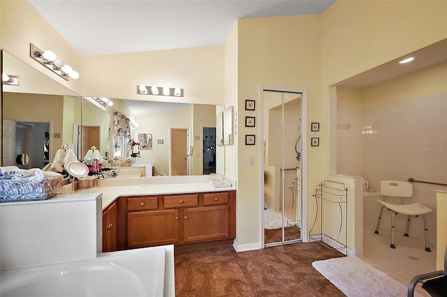 full bathroom featuring a walk in shower, vanity, a bath, and lofted ceiling