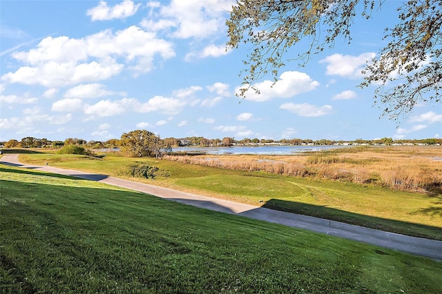 view of community featuring a water view and a yard