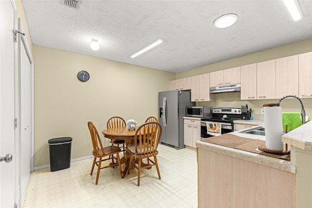 kitchen featuring light brown cabinetry, a textured ceiling, appliances with stainless steel finishes, and sink