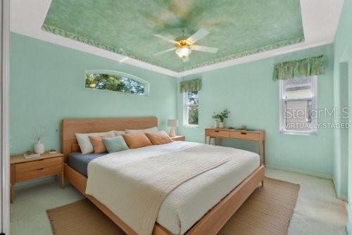 bedroom featuring ceiling fan, multiple windows, and a tray ceiling