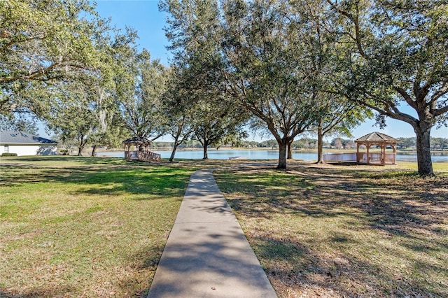 view of yard with a water view and a gazebo