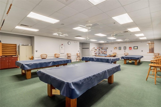 game room featuring carpet floors, billiards, a drop ceiling, and ceiling fan