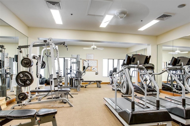 workout area with ceiling fan