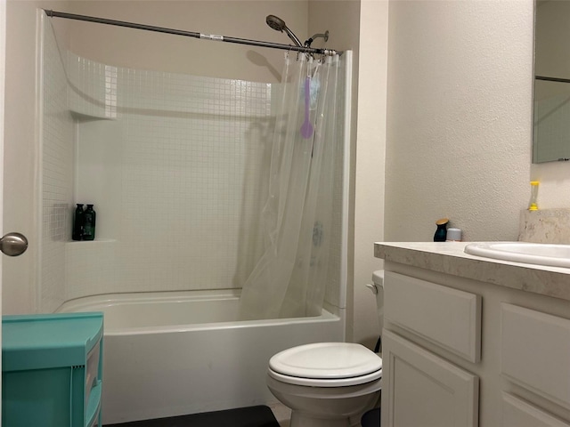 full bathroom featuring vanity, toilet, and shower / bathtub combination with curtain