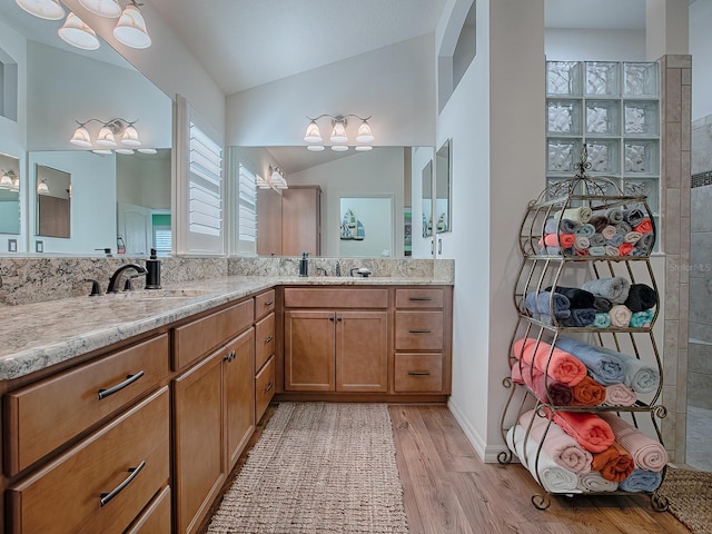 bathroom featuring lofted ceiling, vanity, wood-type flooring, and a shower