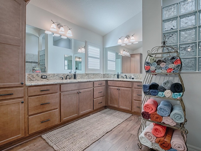 bathroom with tasteful backsplash, vanity, and hardwood / wood-style floors