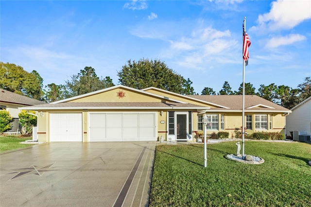 ranch-style house with a garage and a front lawn