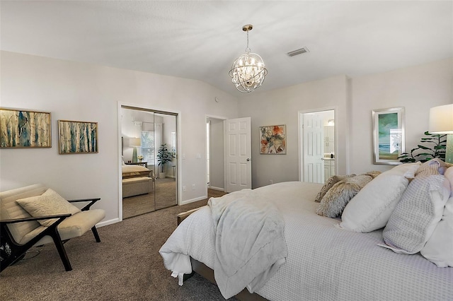 bedroom featuring lofted ceiling, dark carpet, and a notable chandelier