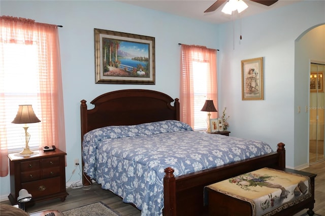 bedroom featuring multiple windows, ceiling fan, and dark wood-type flooring