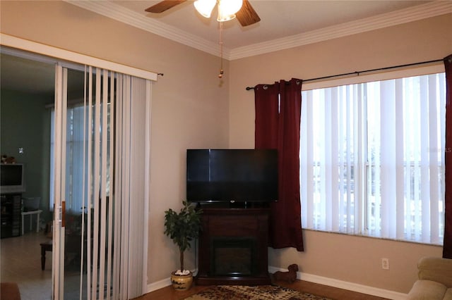 living room with ceiling fan and ornamental molding