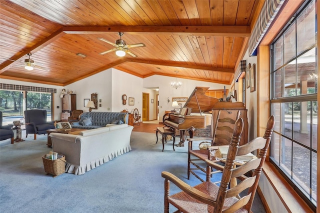 living room with carpet flooring, wooden ceiling, lofted ceiling with beams, and ceiling fan with notable chandelier