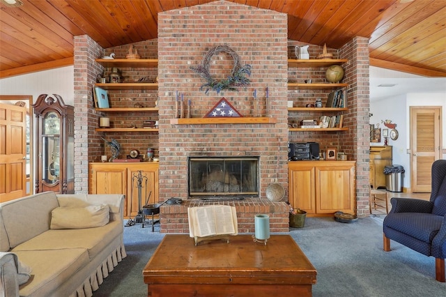 living room with dark carpet, a brick fireplace, built in features, vaulted ceiling, and wood ceiling