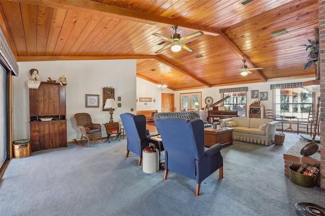 living room with vaulted ceiling with beams, carpet, wooden ceiling, and ceiling fan with notable chandelier