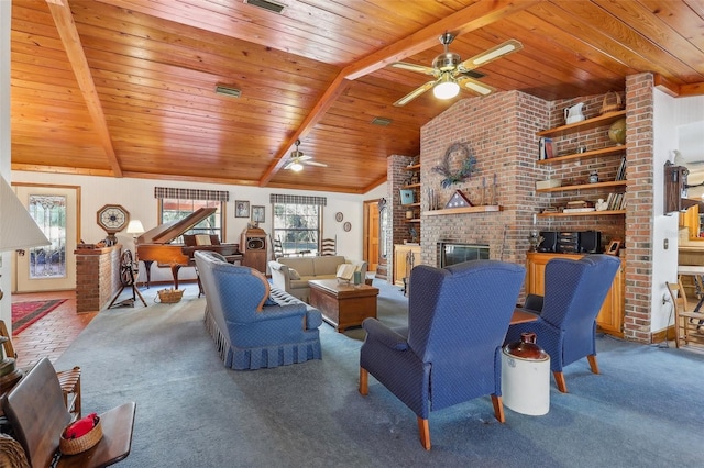 carpeted living room with a brick fireplace, ceiling fan, high vaulted ceiling, wooden ceiling, and beamed ceiling