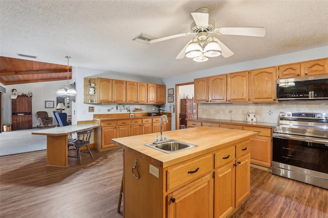 kitchen featuring wood counters, appliances with stainless steel finishes, a kitchen island with sink, dark wood-type flooring, and sink