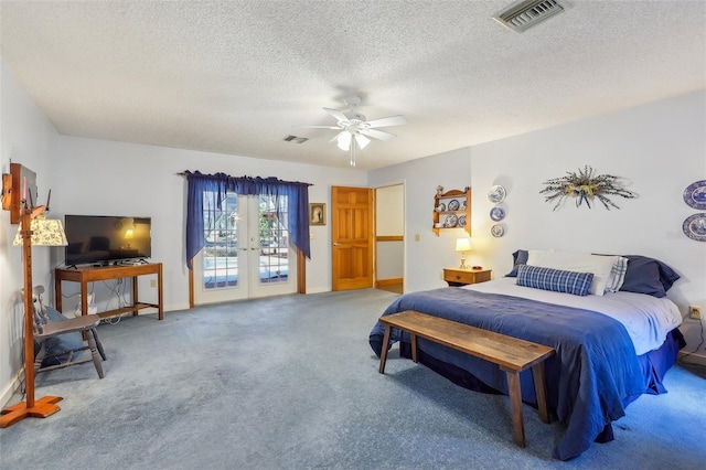 carpeted bedroom featuring access to outside, ceiling fan, french doors, and a textured ceiling