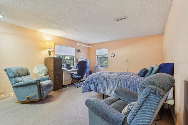 bedroom with carpet flooring and a textured ceiling