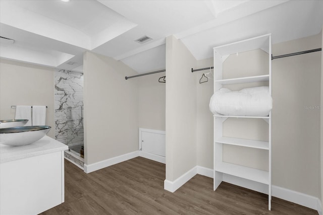 spacious closet featuring dark hardwood / wood-style flooring