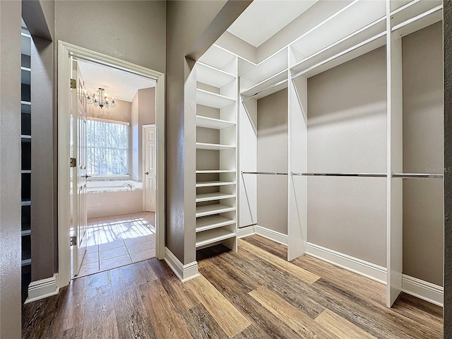 spacious closet featuring hardwood / wood-style flooring and an inviting chandelier