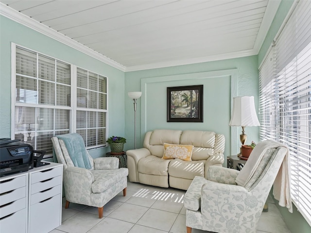 living room with light tile patterned floors and ornamental molding