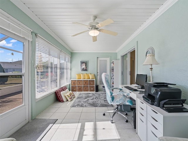 office area featuring ceiling fan, plenty of natural light, light tile patterned floors, and crown molding