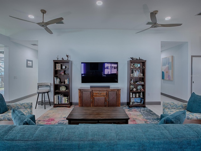 living room featuring ceiling fan