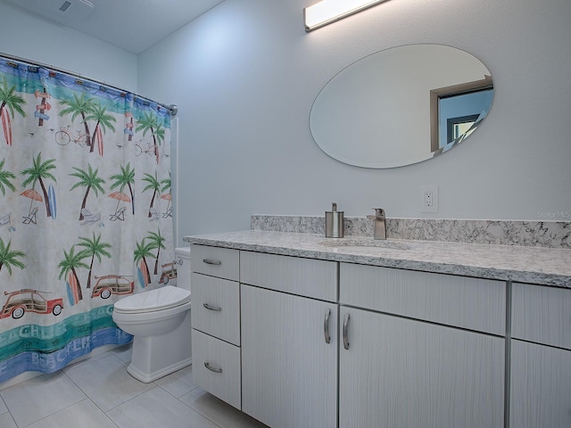 bathroom featuring toilet, tile patterned flooring, and vanity