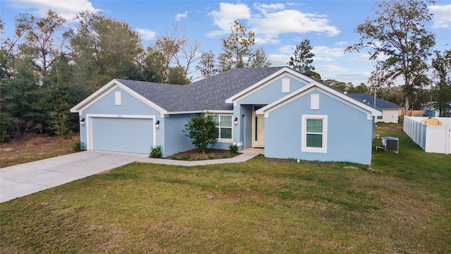 single story home featuring a garage, central AC unit, and a front yard