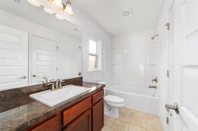 full bathroom with vanity, toilet, shower / bath combination, and tile patterned flooring