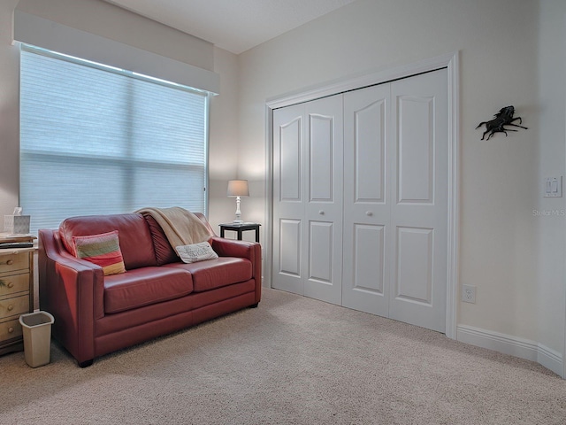 sitting room featuring light carpet