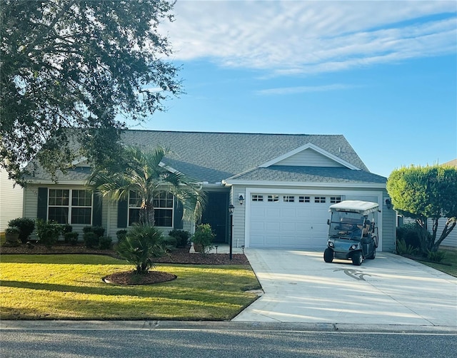 single story home featuring a garage and a front yard