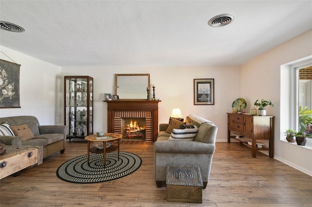 living room with hardwood / wood-style flooring and a fireplace