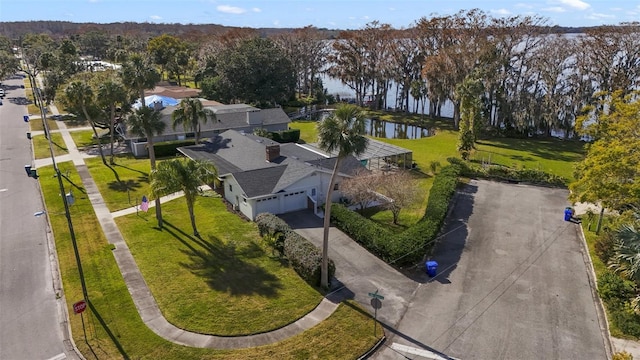 aerial view featuring a water view