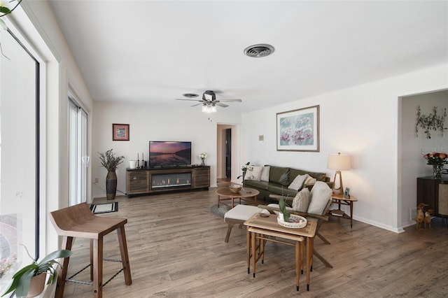 living room featuring hardwood / wood-style flooring, ceiling fan, and a fireplace