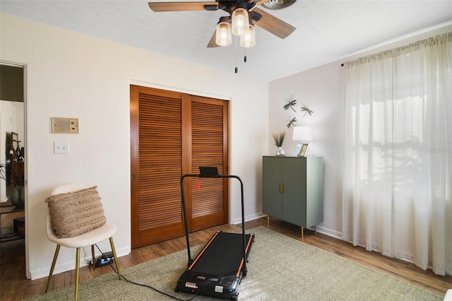 workout room featuring ceiling fan and wood-type flooring