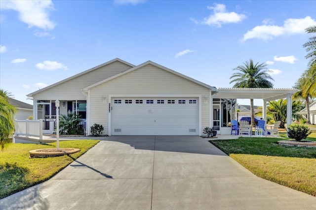 ranch-style home featuring a front yard and a garage