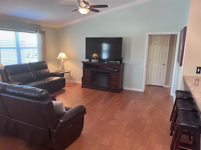 living room with lofted ceiling, a fireplace, wood finished floors, and crown molding