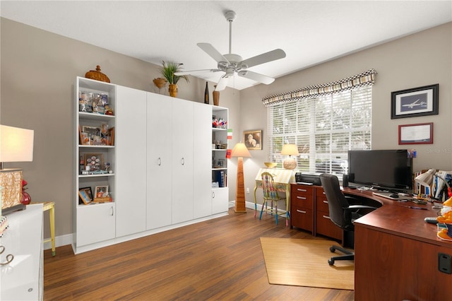 home office with ceiling fan and dark wood-type flooring