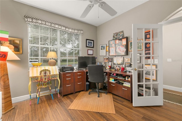 home office featuring ceiling fan and hardwood / wood-style floors