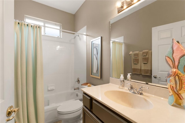 full bathroom with toilet, shower / tub combo with curtain, and vanity