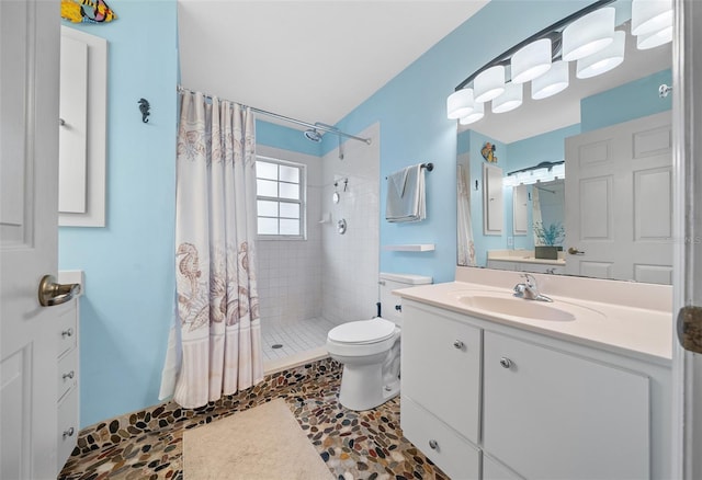 full bath featuring vanity, a shower stall, and toilet