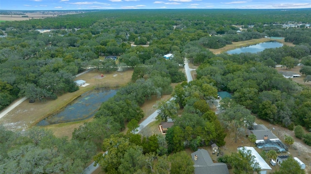 bird's eye view with a water view and a view of trees