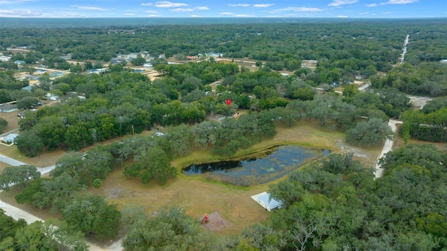 bird's eye view featuring a water view and a wooded view