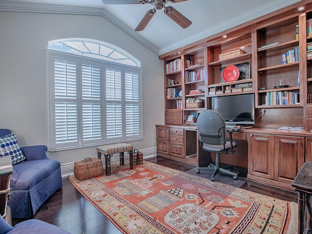 home office featuring lofted ceiling, ceiling fan, dark hardwood / wood-style flooring, and crown molding